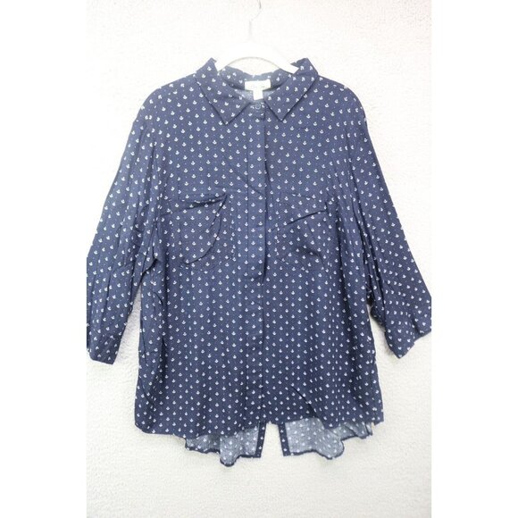 Per Se 3/4 Sleeve Nautical Button-Up Tunic-Size 1X-Soft-Anchors - Picture 1 of 11